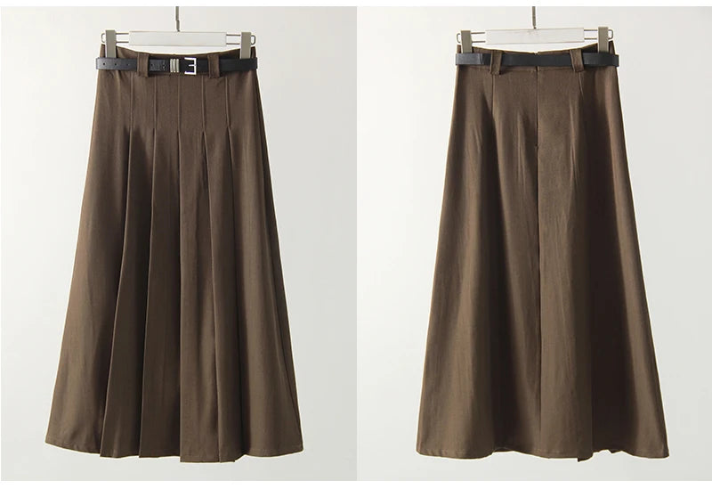 Gray Midi Pleated Skirts For Women Autumn 2024 High Waist A Line Maxi Zipper Skirts For Office Lady Long Skirt Woman Black