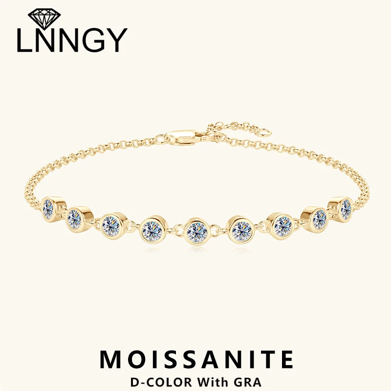 Lnngy 3mm Bezel Moissanite Bracelet Certified 925 Sterling Silver Chain Bracelets For Women Grils Adjustable Hand Jewelry Gift