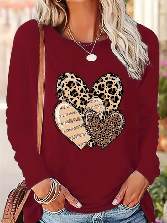 Women's Spring and Autumn 100% pure cotton fashionable casual loose heart-shaped pattern printed round neck long sleeved T-shirt