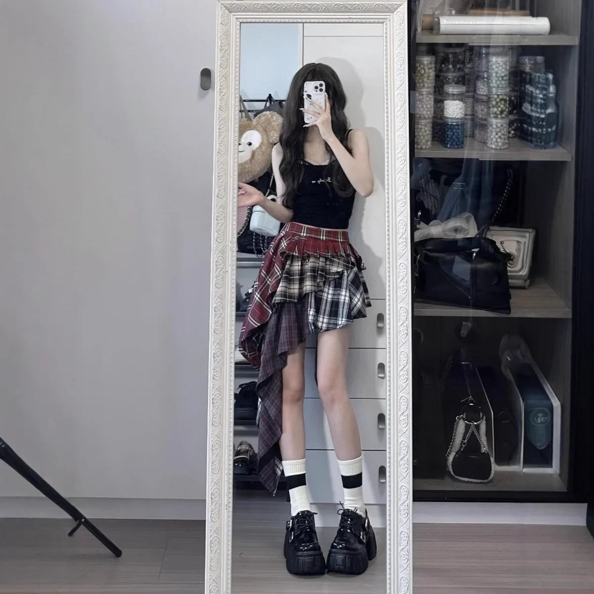 American Plaid Half Skirt Women's Spring Summer New Style Pleated Asymmetrical Color Block Short Skirt A- Line Polyester Fiber