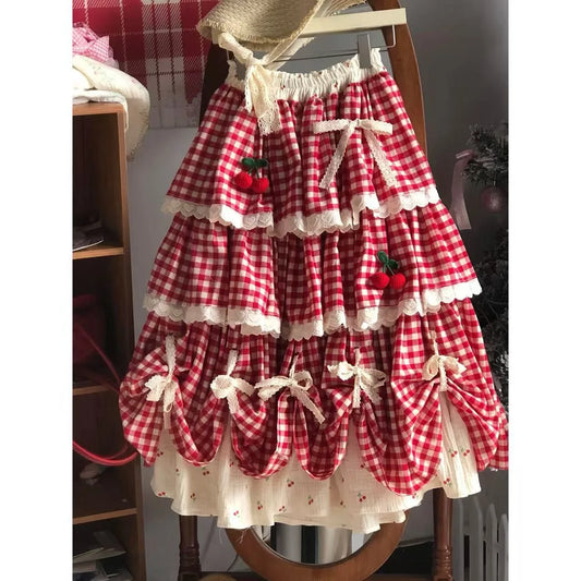 Sweet Multi-Layered Ruffle Cake Skirt Women's Autumn Winter New Cherry Design Lace Half Skirt Fresh And Cute Style Midi Skirt