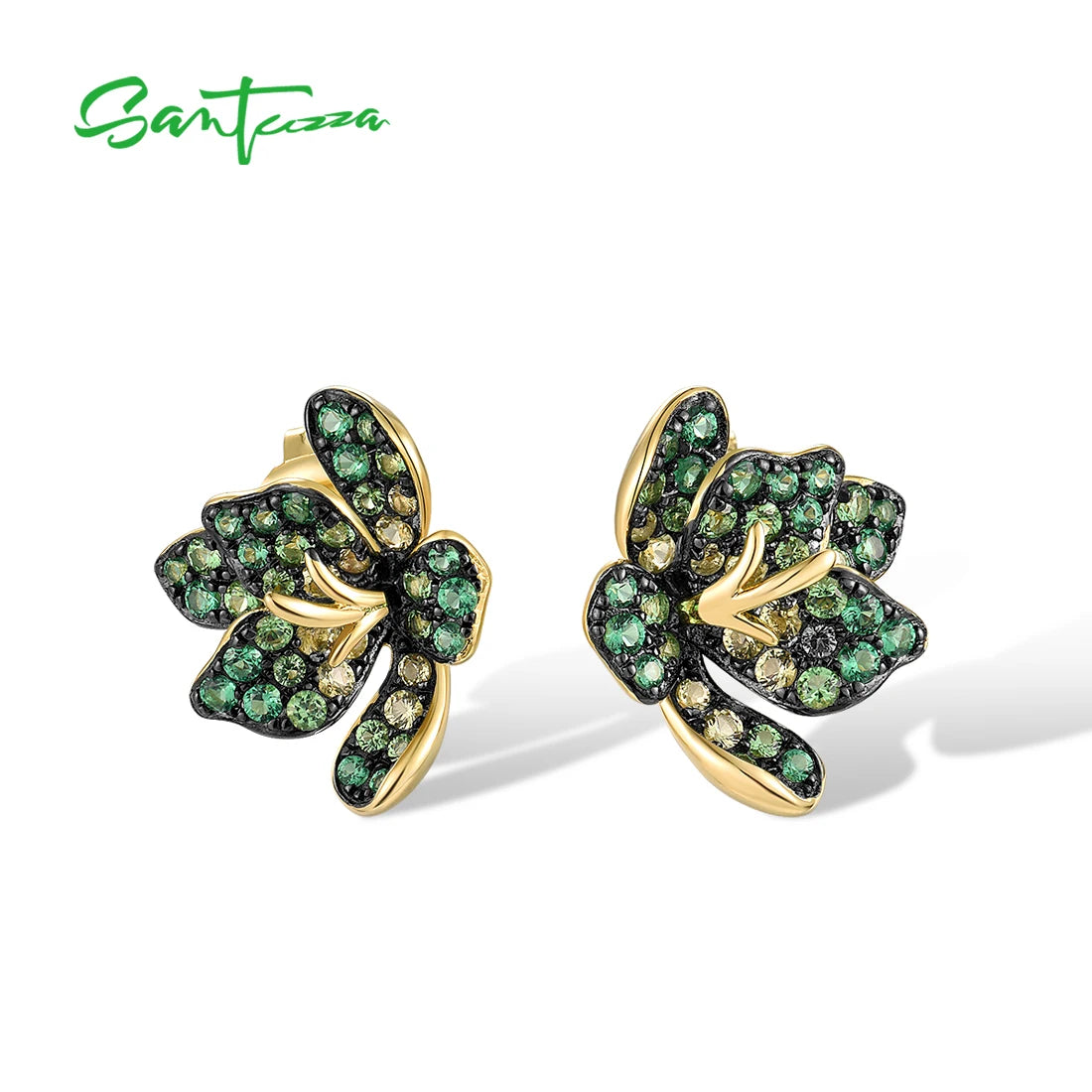 SANTUZZA Authentic 925 Sterling Silver Earrings For Women Sparkling Green Spinel Exaggerate Lili Flower Party Gifts Fine Jewelry