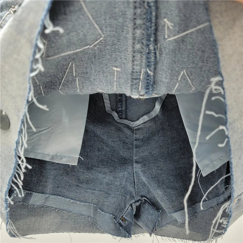 Summer new high waisted A-line sequins raw edges denim skirt for women