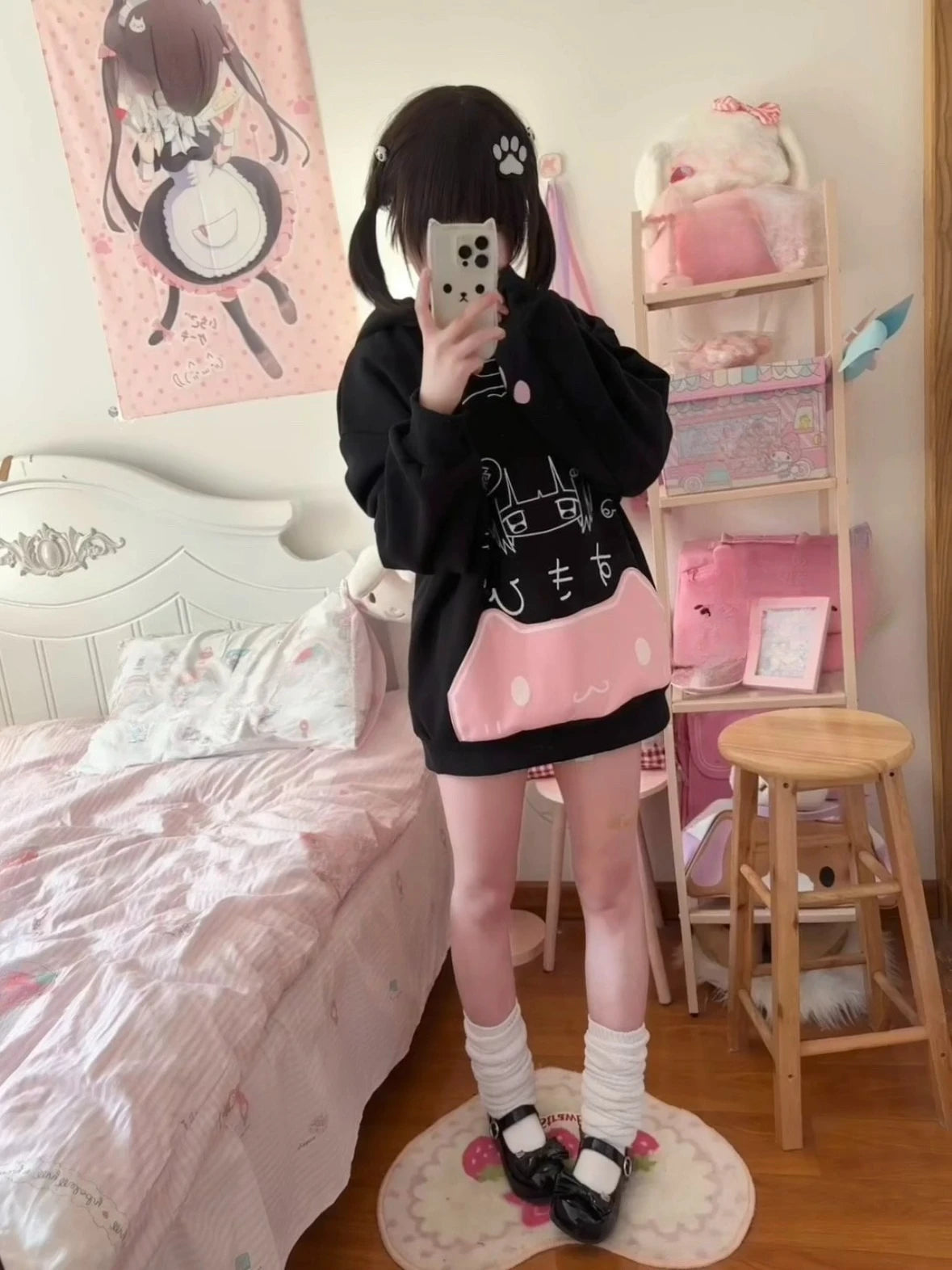 Japanese Cute Gothic Cat Ears Hooded Coat Vintage Printed Pockets Hoodie Streetwear Y2k Aesthetic Long Sleeve Sweatshirt Winter