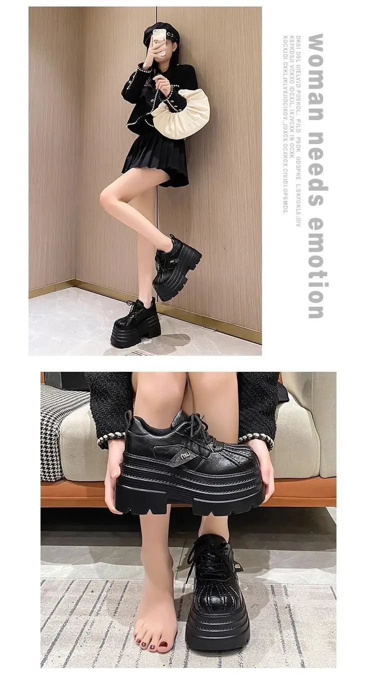 New 2025 Spring Women's Leather Sneakers High Platform Lace-up Casual Shoes Thick Sole 10CM Heels Walking Shoes
