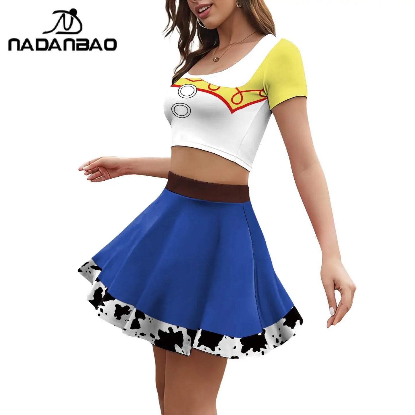 Nadanbao Jessie Halloween Cosplay Skirt for Women 3D Patchwork Printing Crop Top Blue Short Skirt Fashion Cheerleaders Clothing