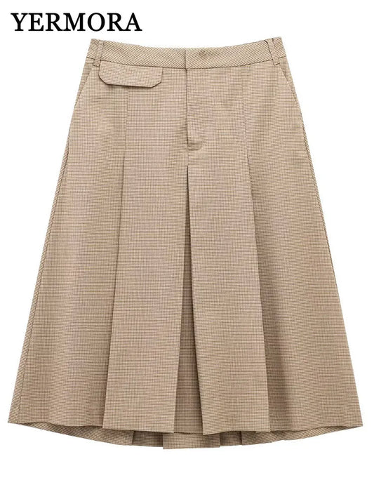 YERMORA high waist khaki plead pleated casual half body skirt for women loose fit fashion tide spring summer 2025 new A470