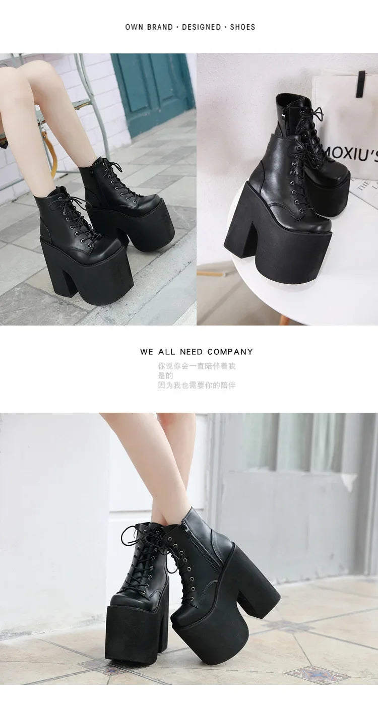 Maogu Women's Boots 2023 Solid High Heel Ankle Boots High Platform Quality Fashion Punk Goth Women Shoes Lace-up Big Size 42 43
