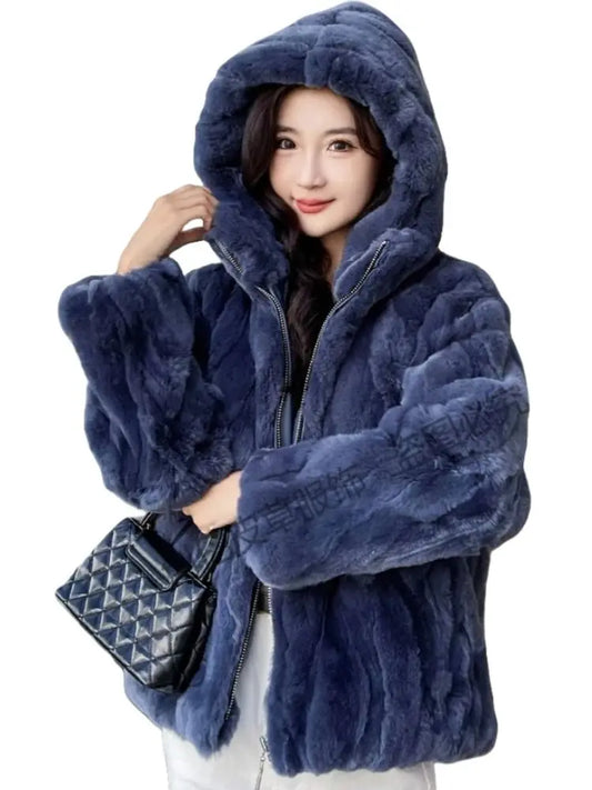 100% Real Rabbit Fur Coat Women Winter Loose Hooded Zipper Natural Fur Jacket Thick Warm Woman Clothing Female Furry Outerwears