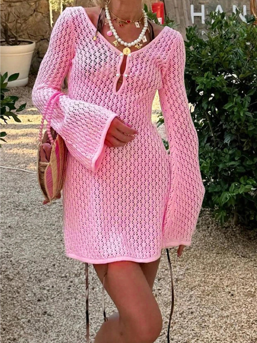 Beach Vacation Casual Long Sleeve Sun Protection Cover Up,Knit Hollow Out Short Dress,Fitted Plain Style,Spring & Fall Fashion