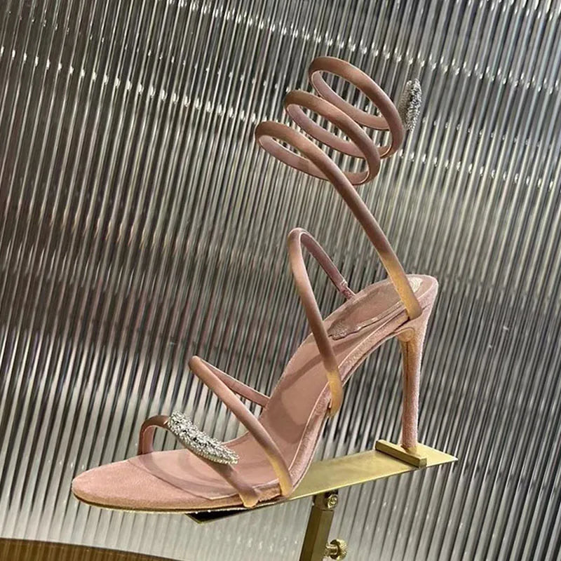 Summer High Heels Sandals Woman Butterfly-knot Rhinestone Snake Twine Around Ankle Strap Wedding Shoes Thin Heels Sandals Women