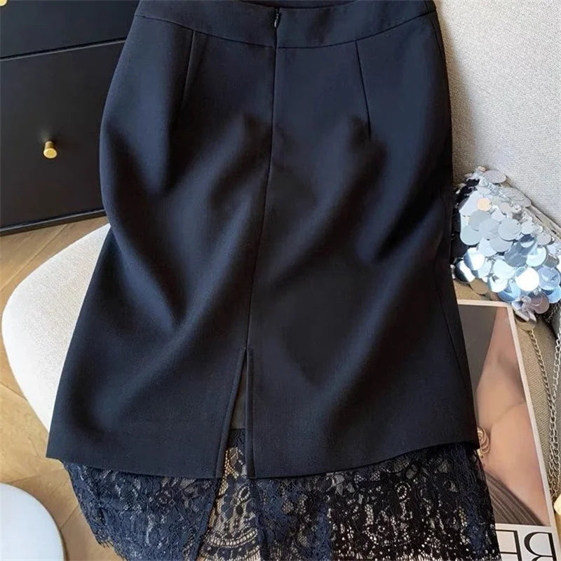 Autumn New Sexy Women's Slim Temperament Bag Hip Skirt Elegant Lace Patchwork Office Lady Midi Skirt Fashion Split Jupe 432P