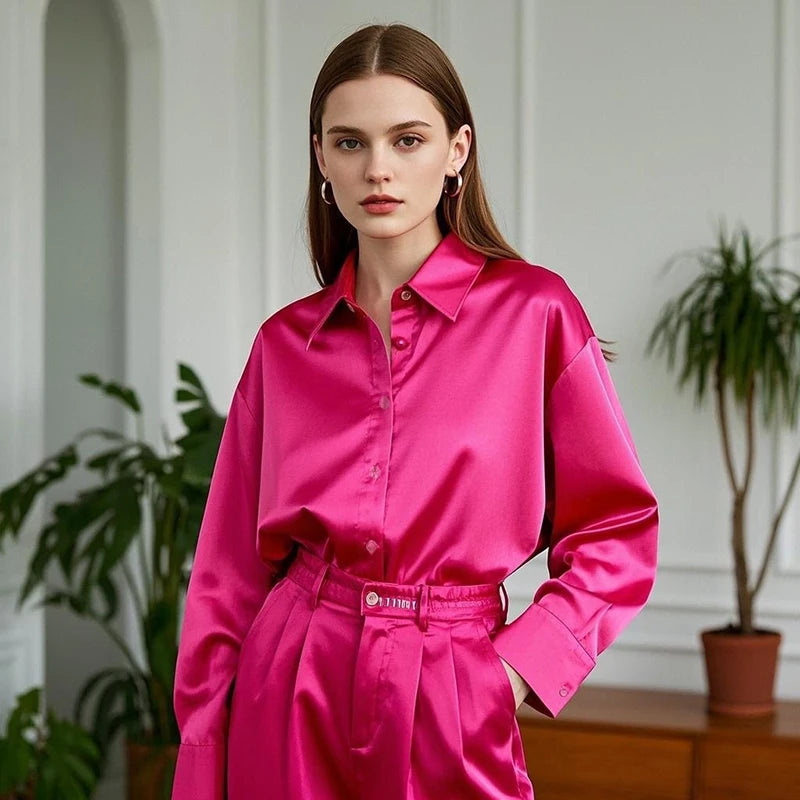 Korean Office Lady Trend Casual Shirt Elegant Blouses For Women Satin Multicolor Basic Slim Shirt Solid All-Match Top French New