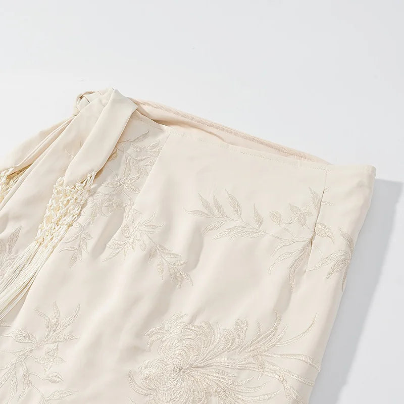 MUJER Embroidery Lace Long Skirt Woman High Waist Midi Skirts for Women Summer Beach Skirt Woman Tassel Women's Skirts Cylinder