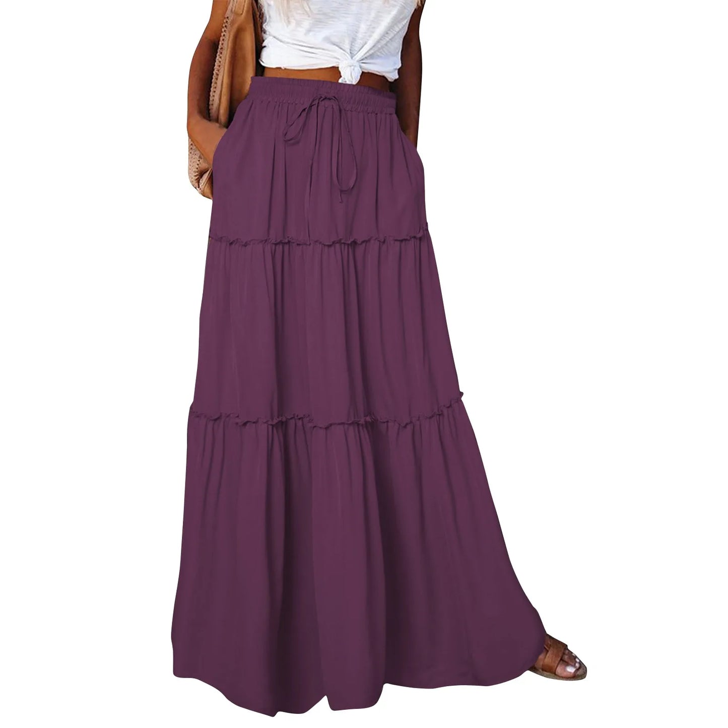 Women long skirt Fashion Solid Color Long Skirts Elastic Waist faldas Loose Casual High Waist saia Versatile Half-Body Dress