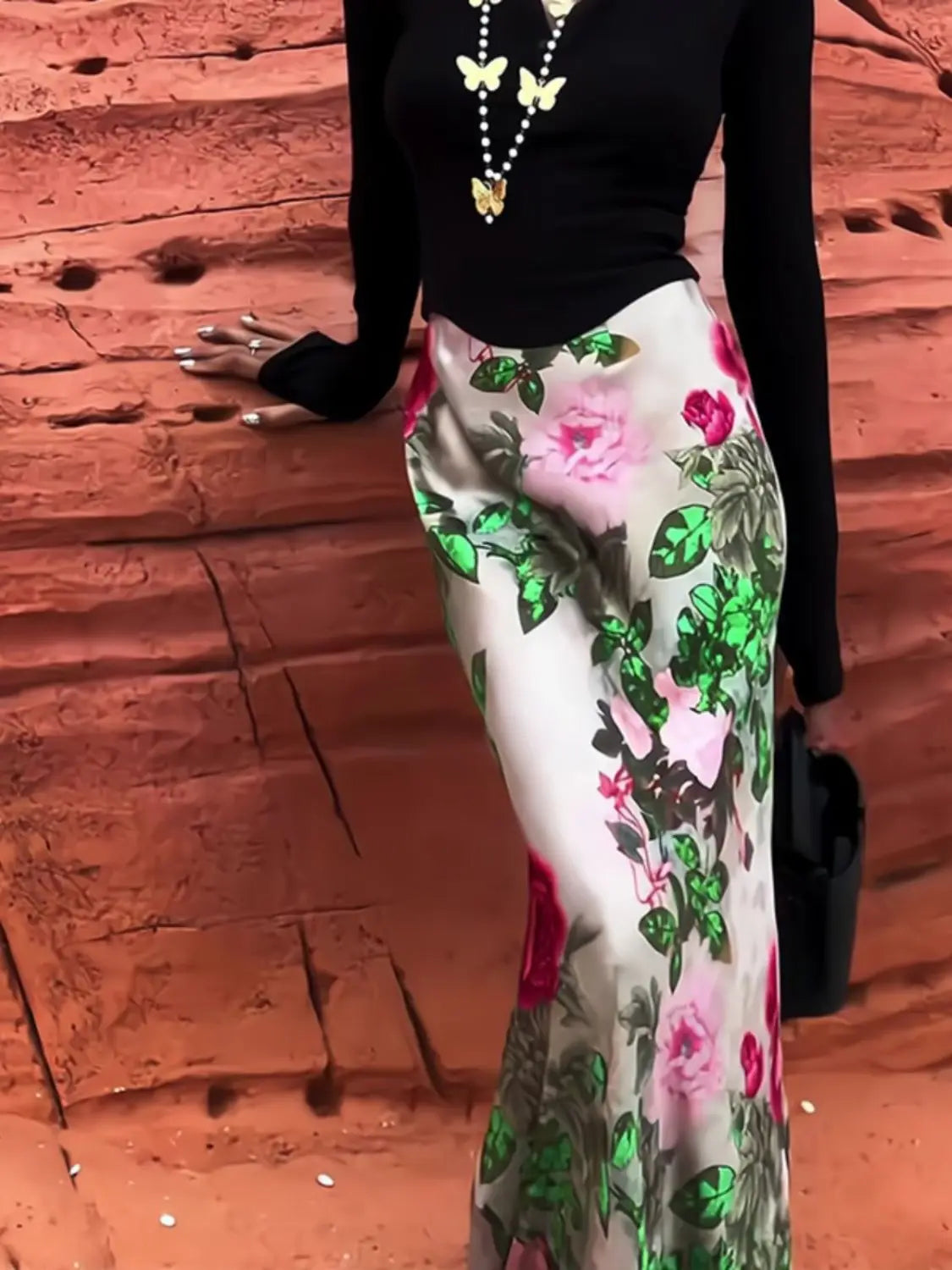 Women Clothing Stylish Vintage Satin Floral Print Luxury Chic Long Skirts Female Elegant High Waist Slim Party Maxi Skirt Faldas