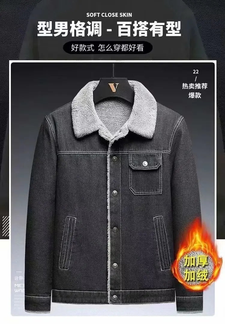 2025 Men's fleece denim jacket, autumn and winter warmth, casual, teen slim jacket