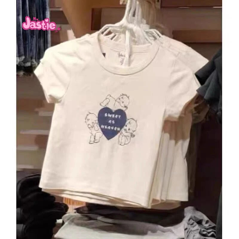 Cartoon Print Beige T-shirts Women 2024 Summer Streetwear Round Neck Short Sleeve T Shirt Female Vintage Chic Y2k Crop Top