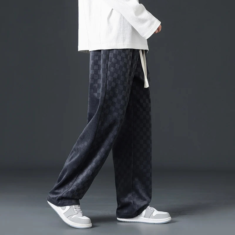 Men's Checkered Velvet Sweatpants, Loose Drawstring Trousers, Trendy Checkered Pattern, Fall and Winter Casual Streetwear