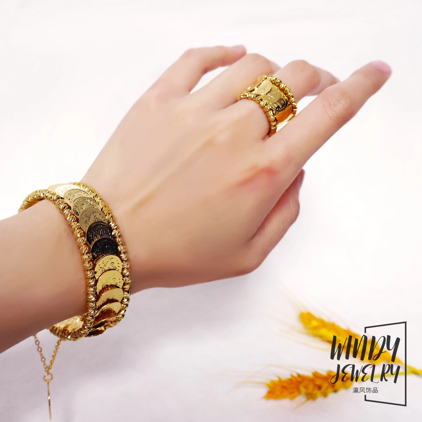 Windy Jewelry Coin Jewelry Sets 24k Gold Plated Dubai Arab Women Luxury Cuff Bangles Bridal Wedding Bracelet Rings