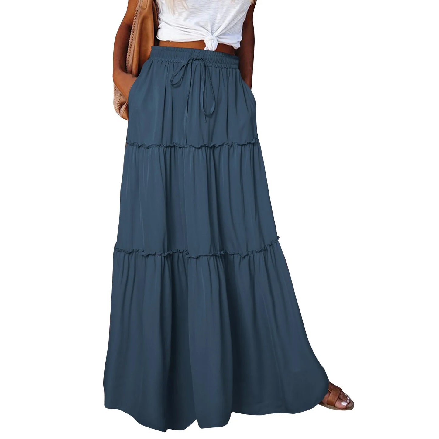 Women long skirt Fashion Solid Color Long Skirts Elastic Waist faldas Loose Casual High Waist saia Versatile Half-Body Dress