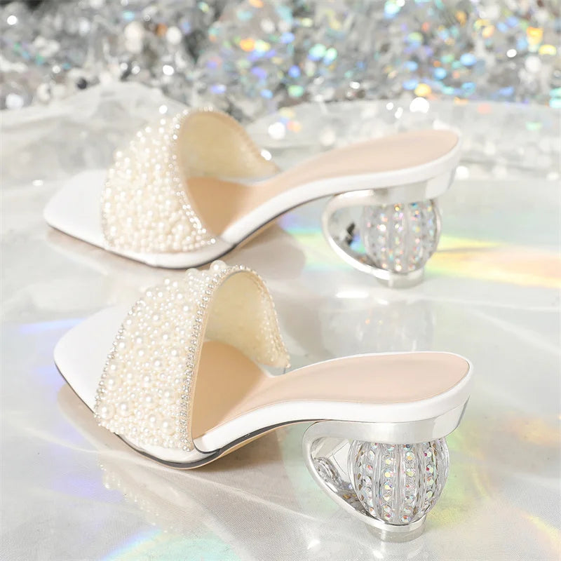 Liyke Size 36-42 Women Summer Party Slippers Fashion White Pearl Designer Sandals Female Shoes Strange High Heels Mules Slides
