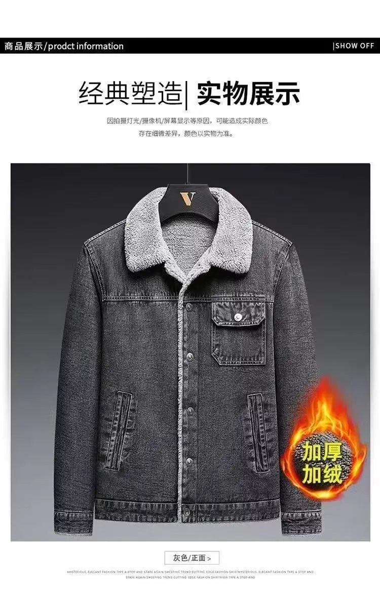 2025 Men's fleece denim jacket, autumn and winter warmth, casual, teen slim jacket