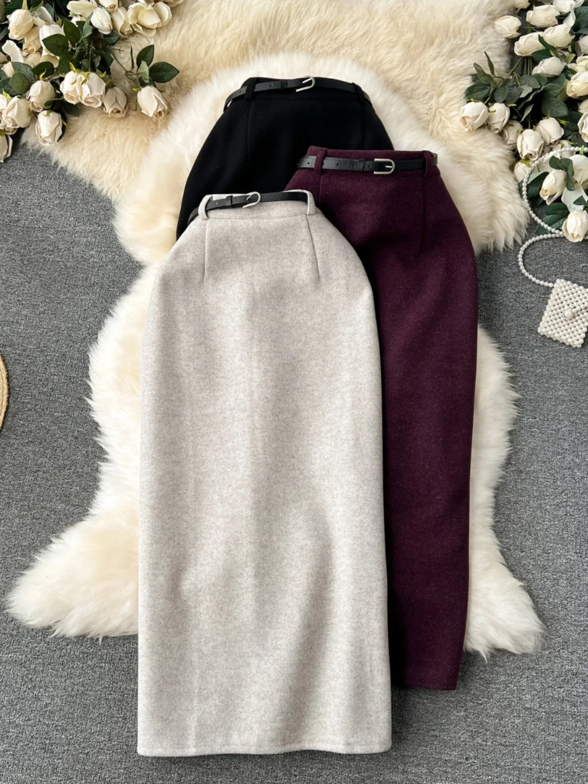 Woolen Midi Skirt Women Autumdn Winter High Waisted Elegant Pencil Skirt Female Slim Split Work Skirts