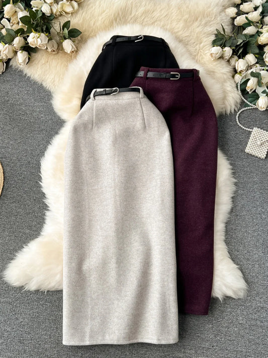 Woolen Midi Skirt Women Autumdn Winter High Waisted Elegant Pencil Skirt Female Slim Split Work Skirts