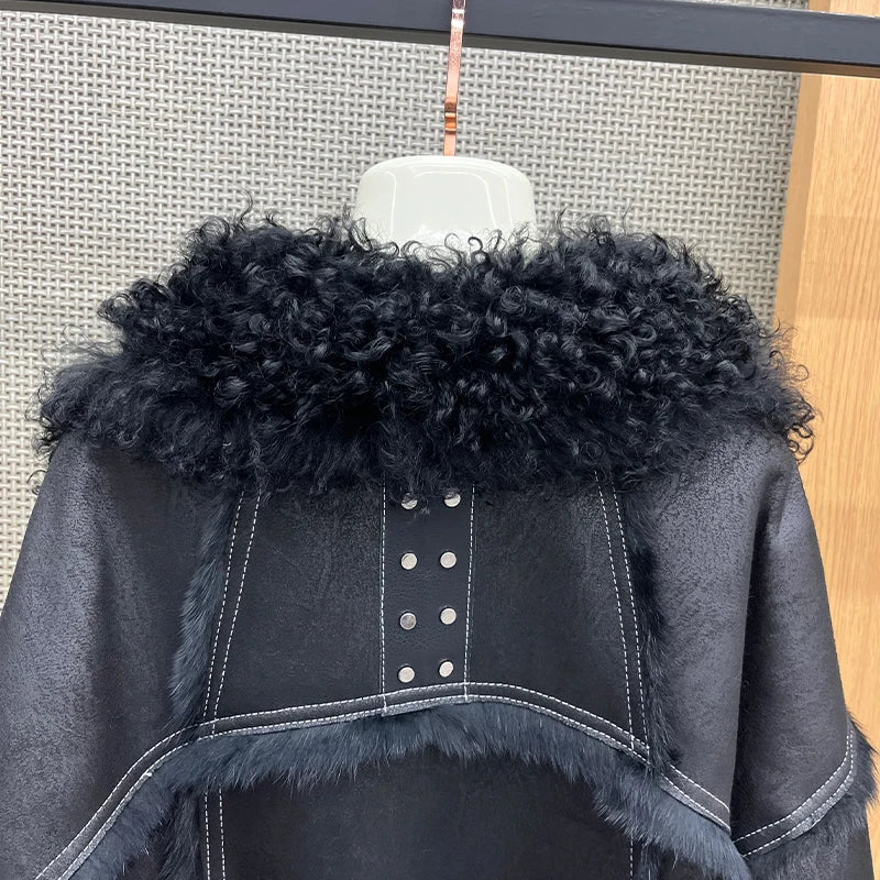 2025 New Real Fur Coat Winter Jacket Women Natural Rabbit Fur Lambswool Collar Luxury Outwear Loose Thick Warm Female Coat