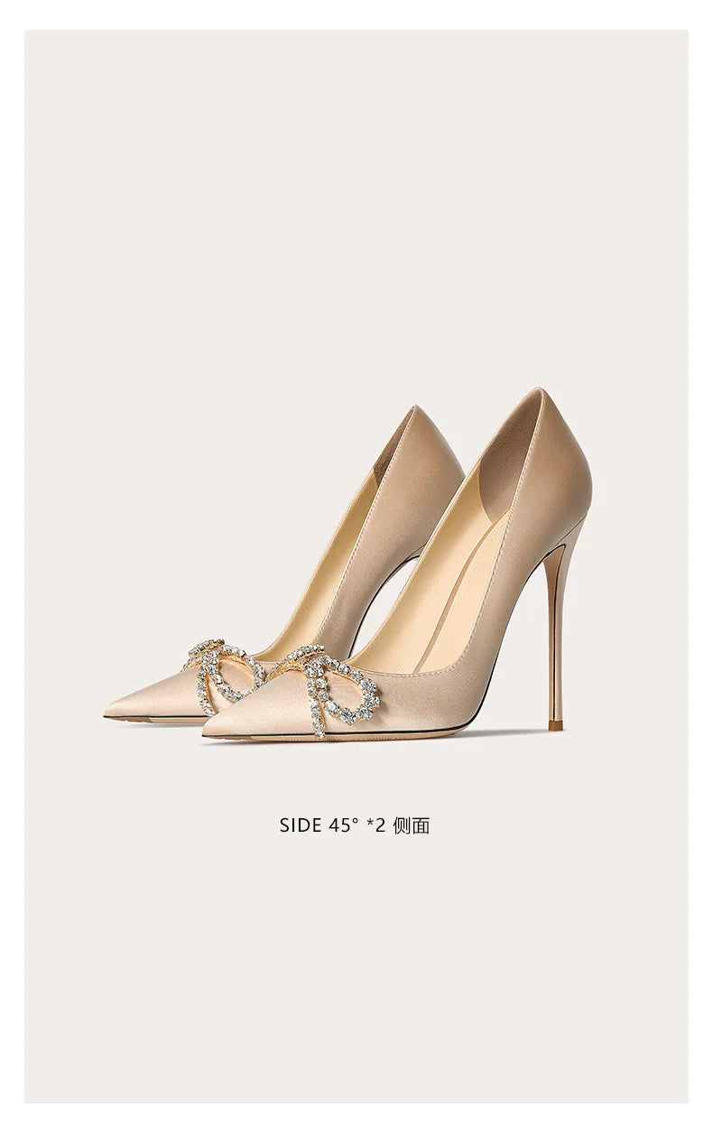 Pointed French High Heels Rhinestone Bow Thin Heel Shallow Mouth Versatile Women's Single Shoes