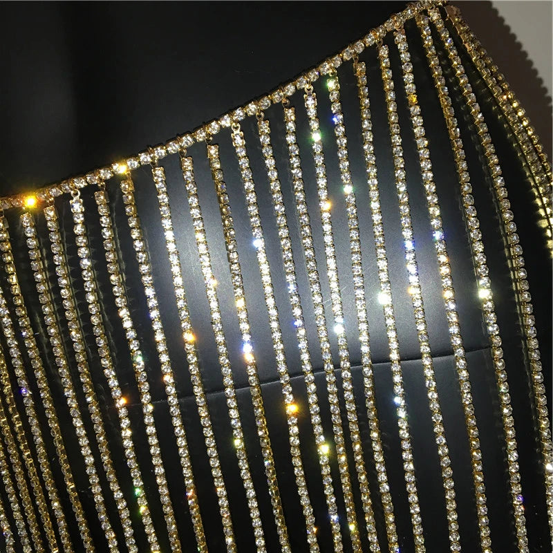 Sparkly Crystal Rhinestone Tassel  Mini Skirt Women Fashion See Through Hollow Out Metal Chain Nightclub Party Beach Outfits
