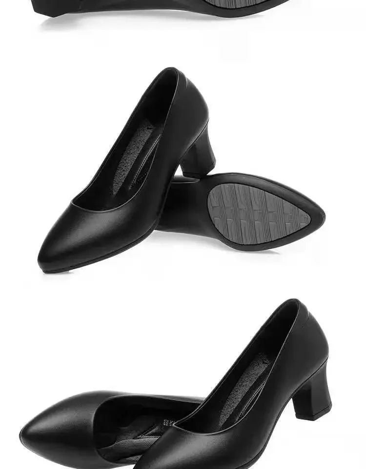Black Interview Shoes for Women Hotel Work High Heel Soft Bottom Leather Single Shoes Summer Season Adult Footwear