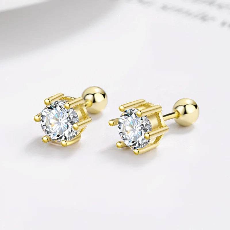 TrustDavis Real 925 Sterling Silver Six Claw Zircon CZ Screw Stud Earrings for Daughter Girls Gift Fine Jewelry DS3472