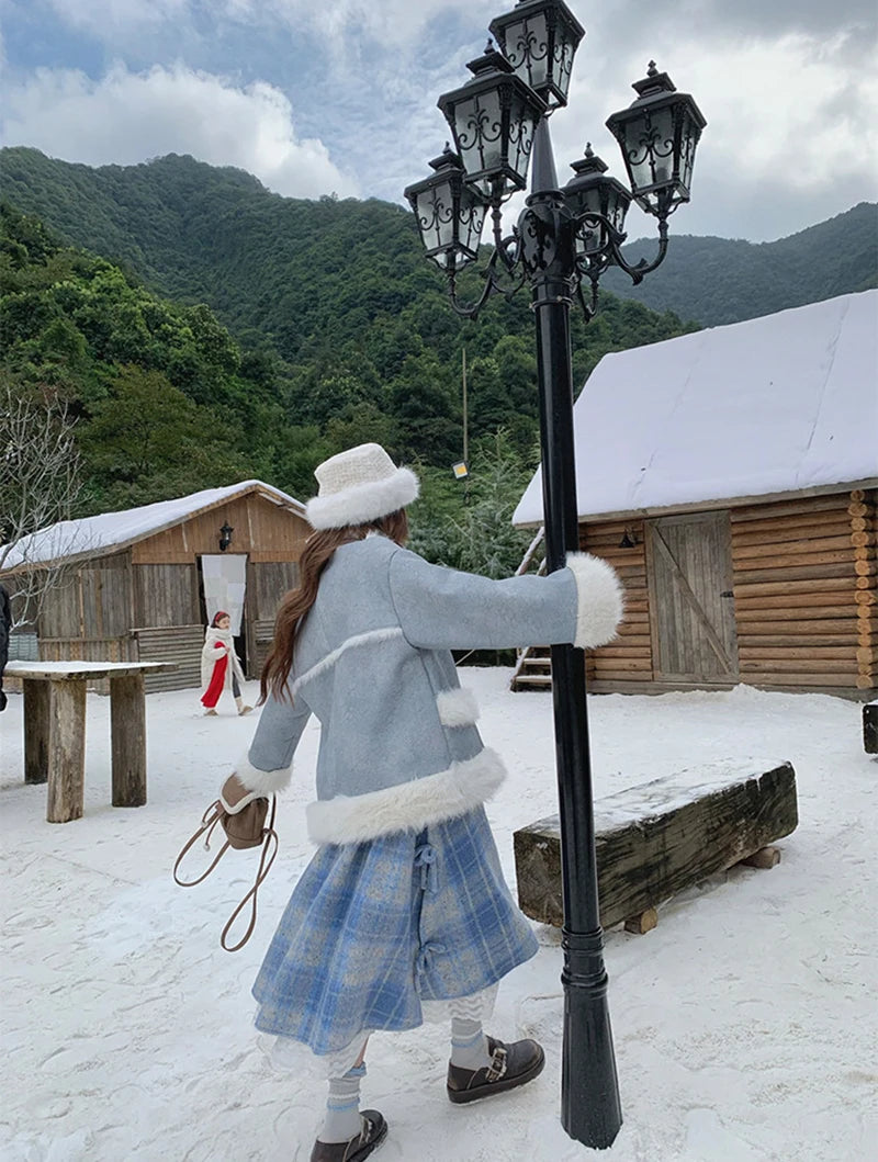 MEXZT Vintage Plaid Woolen Midi Skirt Women Japanese Kawaii Bow Lace Patchwork Skirts Winter Harajuku Cute Casual A Line Faldas