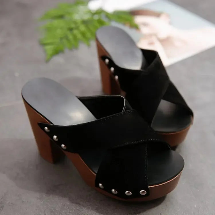 Women Sandals 2024 Summer New Square Platform Flock Casual Rivet Pumps Female Peep Toe Elegant High Heels Shoes Zapatos De Mujer