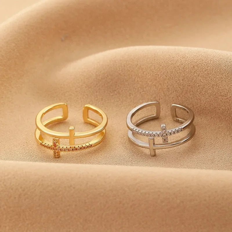 Geometric Chic Double Layered Cross Shaped Zircon Opening Ring for Women Fashion Jewelry Accessories Supports Wholesale Party