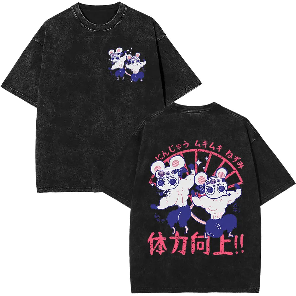 Demon Slayer Tengen Uzui Ninju Mice GYM Washed T Shirts Kimetsu No Yaiba Tee Shirt Cotton T-Shirt Unisex Casual Oversized Tops