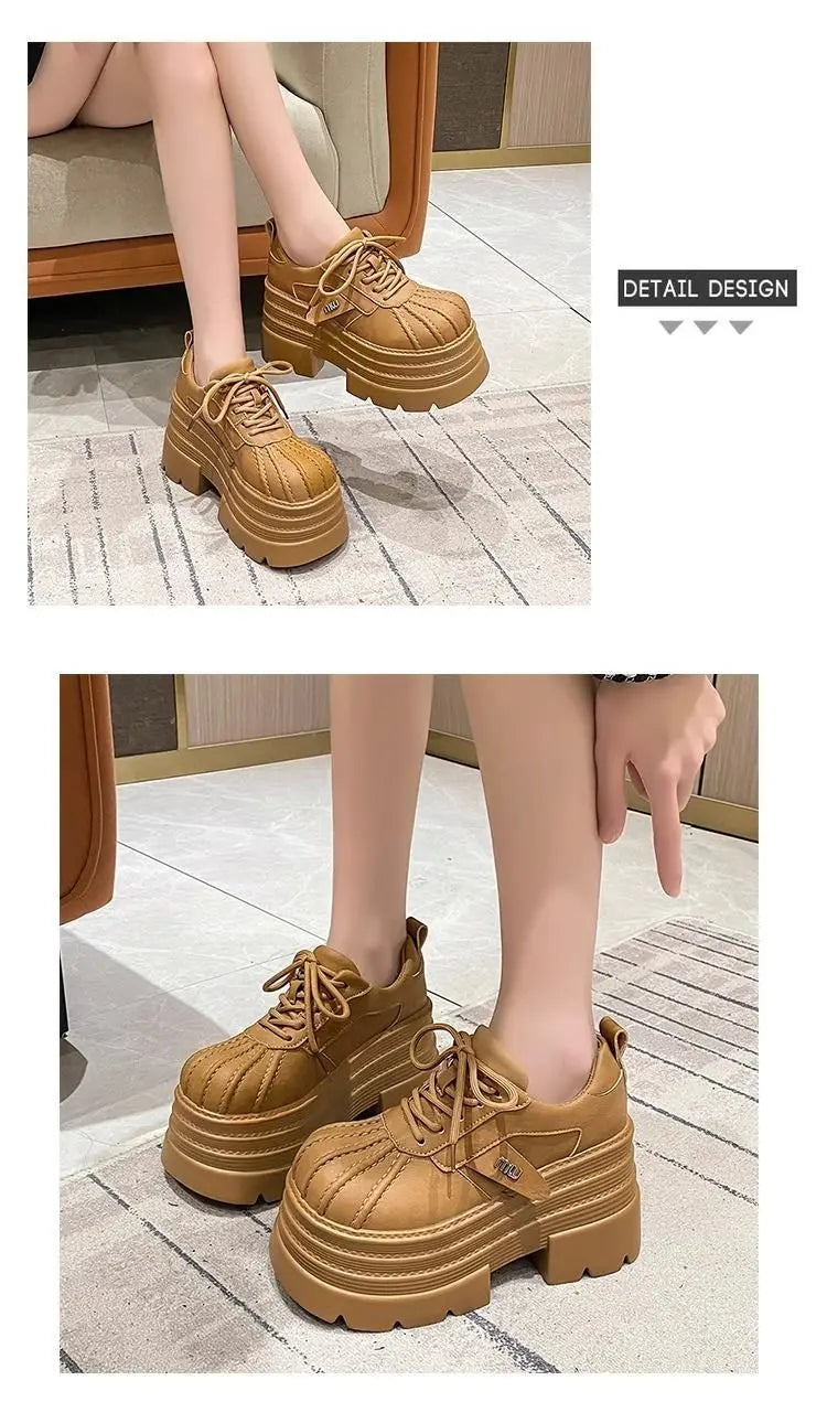 New 2025 Spring Women's Leather Sneakers High Platform Lace-up Casual Shoes Thick Sole 10CM Heels Walking Shoes