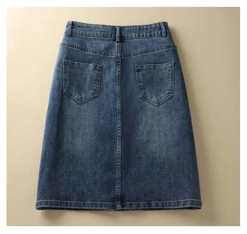 High Waist Denim Skirt Women's Spring Summer New Style Slimming Fashionable Versatile Small Size Draped Midi Skirt