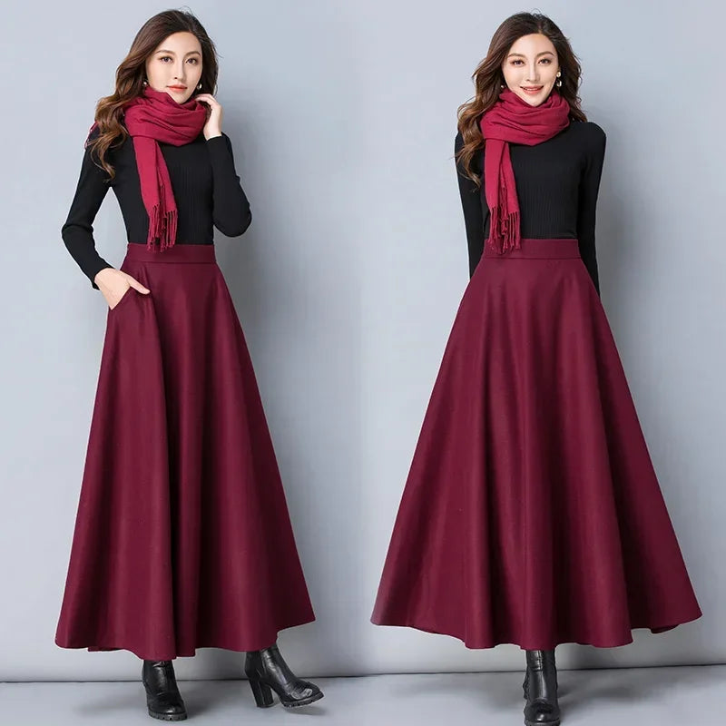 Autumn and Winter Solid Color Woolen Skirt Big Hem A- line Skirt High Waist Long Woman Skirts Mujer Faldas Saias Mulher