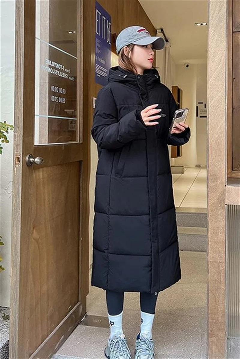 2025 Solid Long Down Parka Women with  Hood  Cotton Padded Jacket Winter Overcoat Fashion Thicken Warm Puffer Coat Female