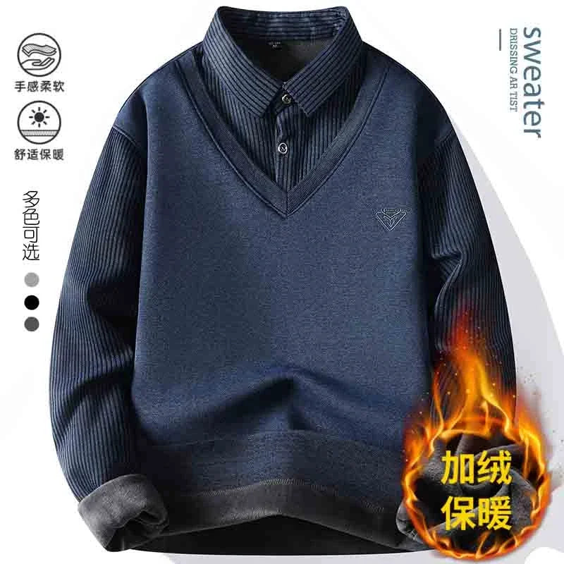 Autumn and Winter New Collection with Fleece Fake Two Piece Long Sleeved Polo Shirt for Men Fashionable and Casual Versatile Top