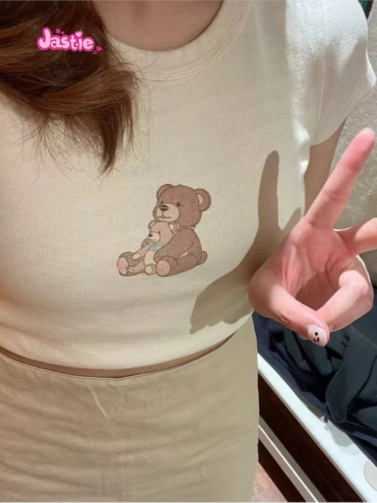 Cartoon Print Beige T-shirts Women 2024 Summer Streetwear Round Neck Short Sleeve T Shirt Female Vintage Chic Y2k Crop Top