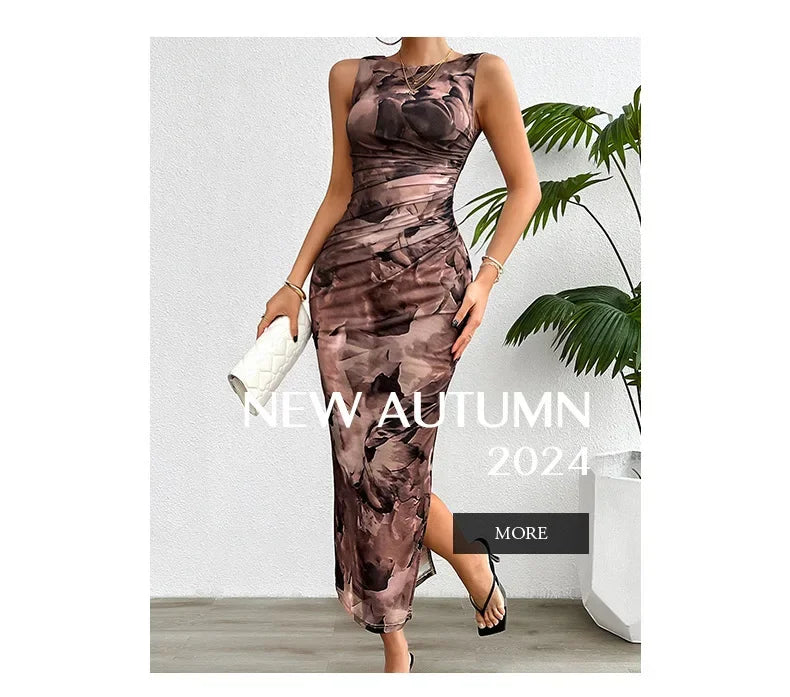 Women's 2024 Spring Summer New Fashionable Printed Round Neck Style Slimming Sleeveless Tight Dress With Split Bottom