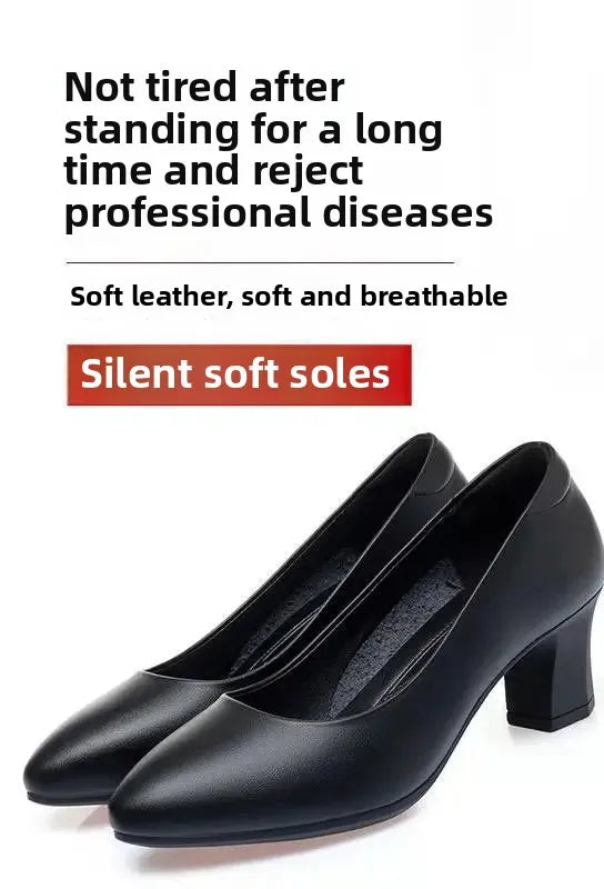 Black Interview Shoes for Women Hotel Work High Heel Soft Bottom Leather Single Shoes Summer Season Adult Footwear