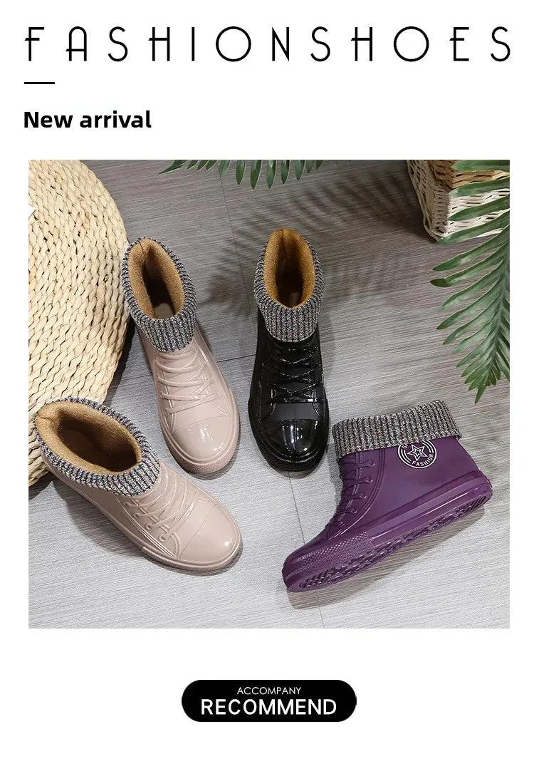 Anti-Slip Short Tube Waterproof Women's Rain Boots Fashionable Kitchen Work Rubber Shoe Covers Fishing Shoes PVC Material Adult