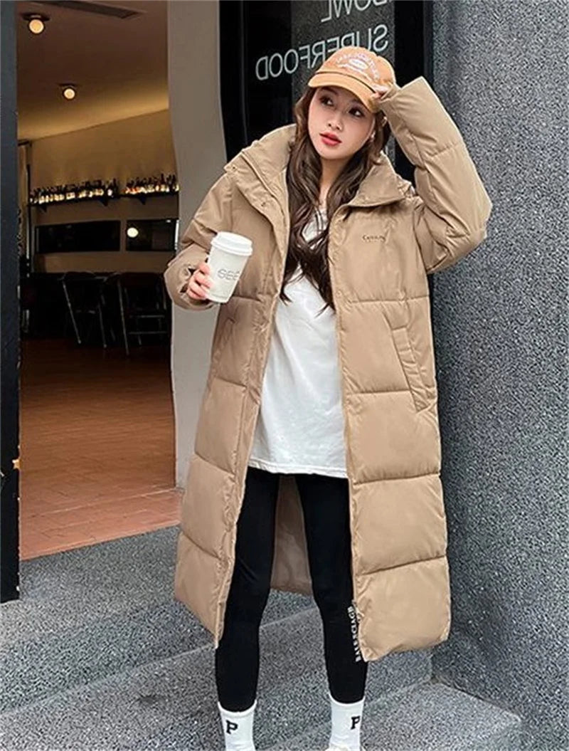 2025 Solid Long Down Parka Women with  Hood  Cotton Padded Jacket Winter Overcoat Fashion Thicken Warm Puffer Coat Female