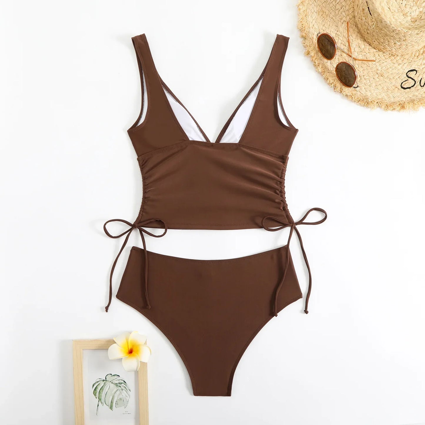 Fashionable Pure Color Nylon Fabric Bikini Set Sexy Two-Piece Swimsuit Drawstring Design Separate Top And Bottom for Women