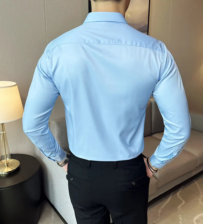 Seamless silk business casual shirt, long sleeved white non ironing elastic silk sliding cross shirt, men's formal wear